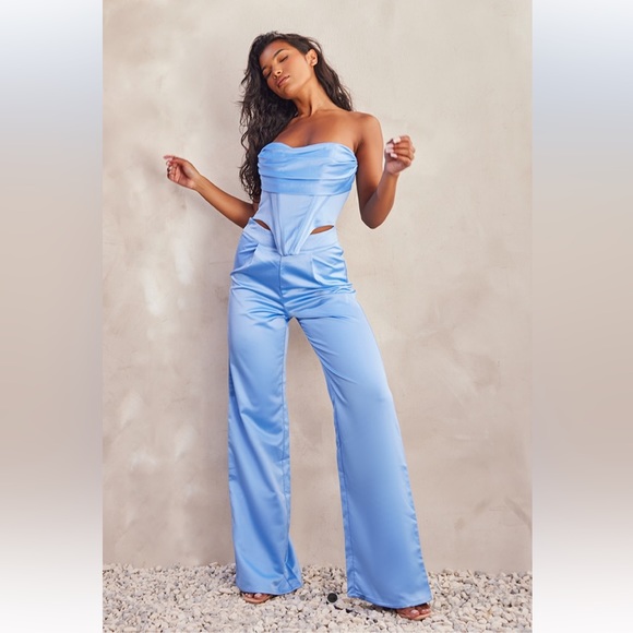 Blue Satin Bandeau Cowl Detail Corset Jumpsuit (sizes 10 & 12) - Picture 3 of 7